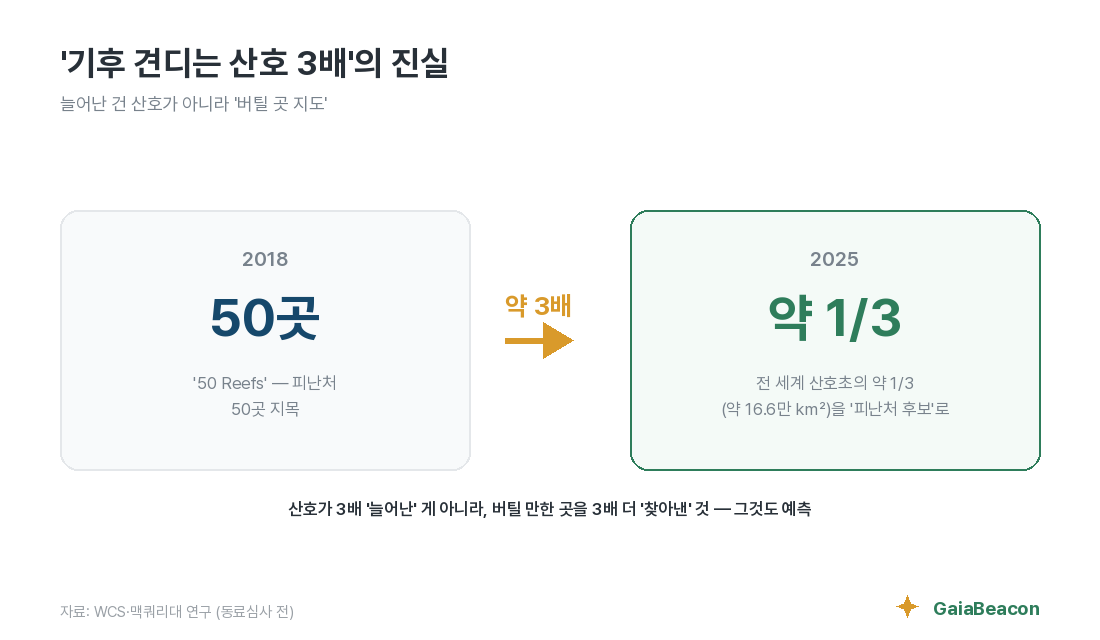 ‘기후 견디는 산호 3배’의 진실 — 늘어난 건 산호가 아니라 버틸 곳 지도