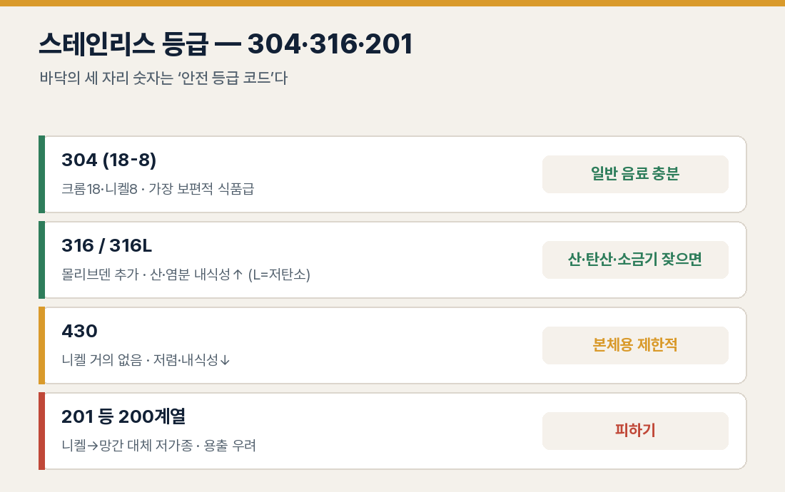 스테인리스 등급 — 304·316·201 무엇이 다른가