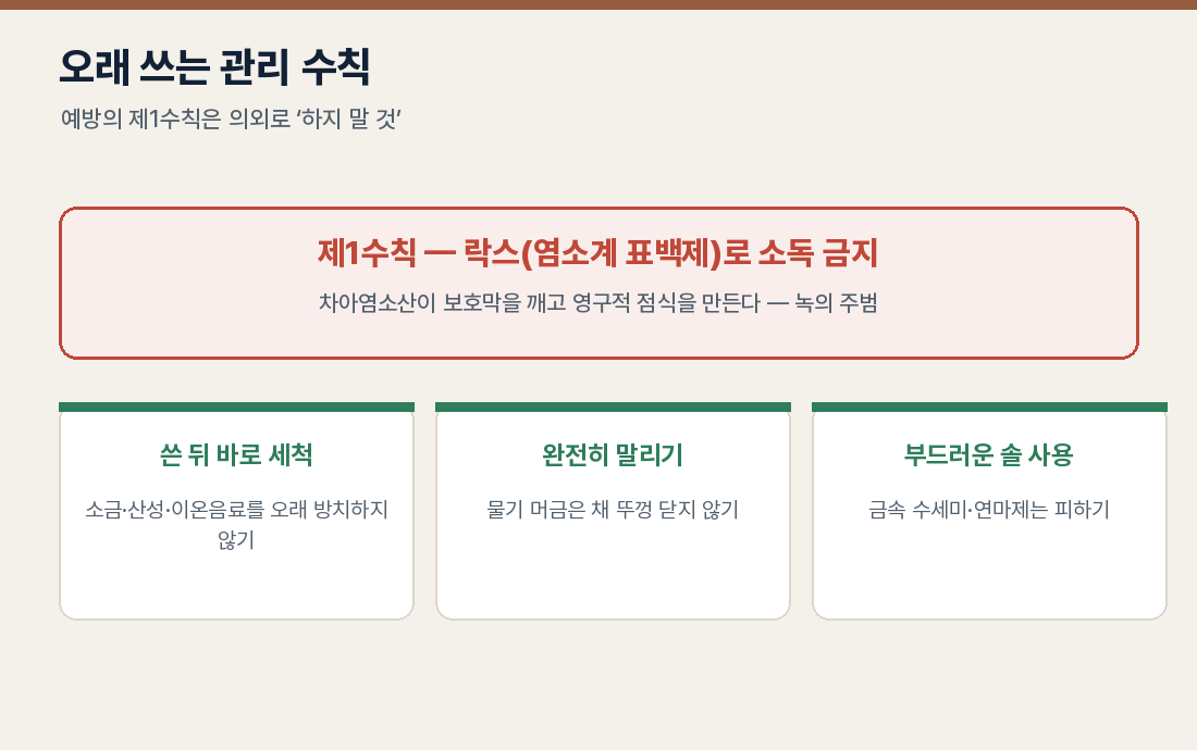 오래 쓰는 관리 수칙 — 락스 금지·완전 건조