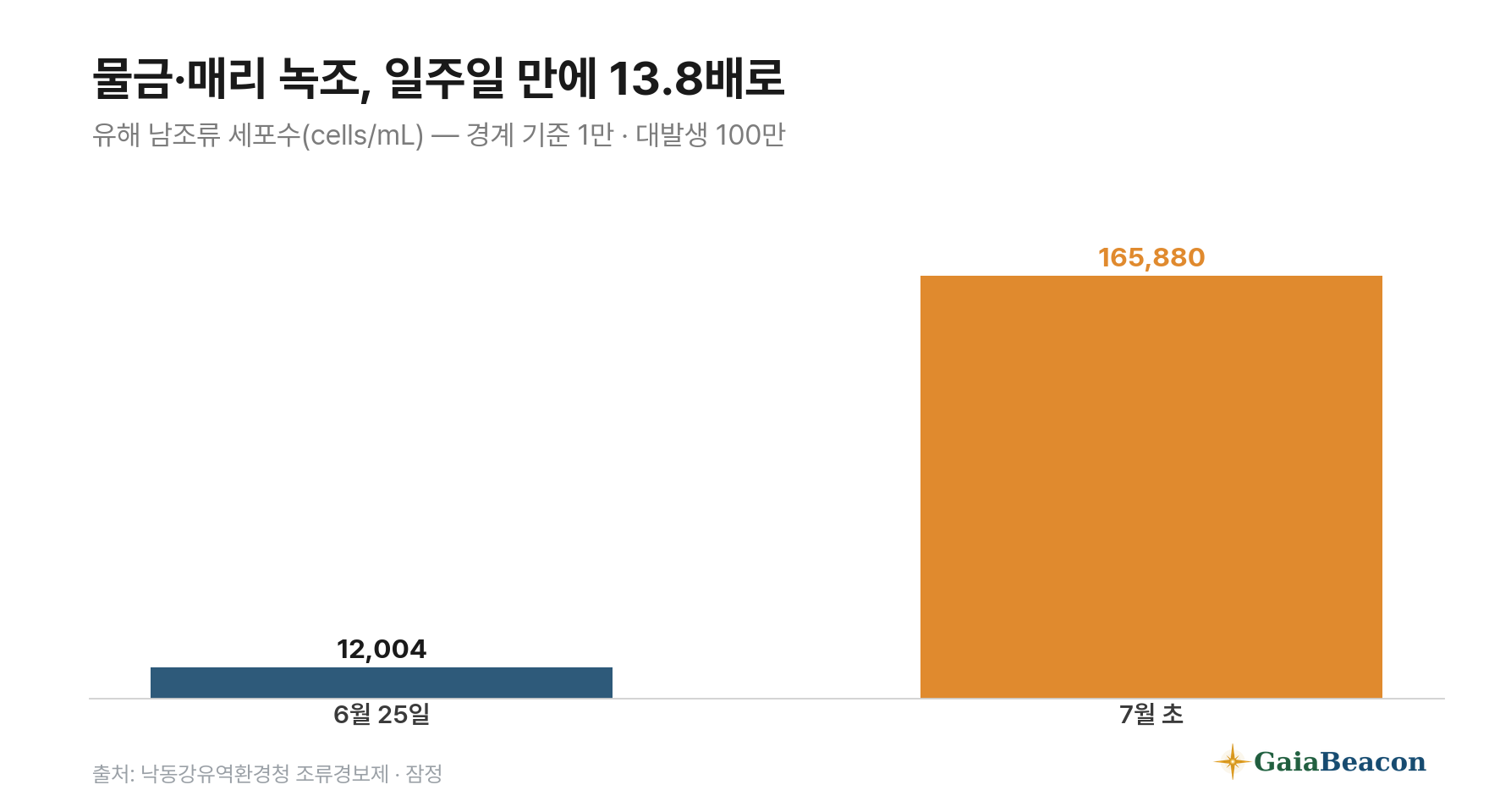 물금·매리 유해 남조류 세포수 급증 — 6월 25일 12,004에서 7월 초 165,880으로 13.8배